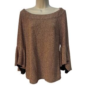 Prelude Long‎ Sleeve Boatneck Top with Bell Flare Sleeves Brown/Metallic Medium